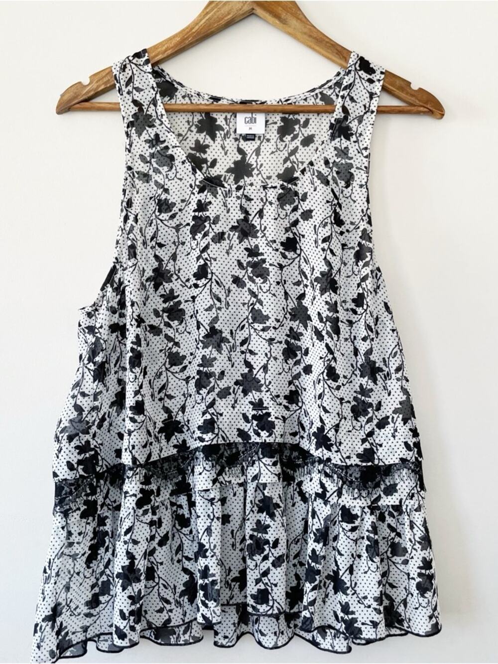 CAbi Black & White Floral Ruffle Tiered Tank Size Medium LIKE NEW